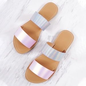 HOLOGRAPHIC MERMAID LAVENDER STRAPPY FLAT SANDALS